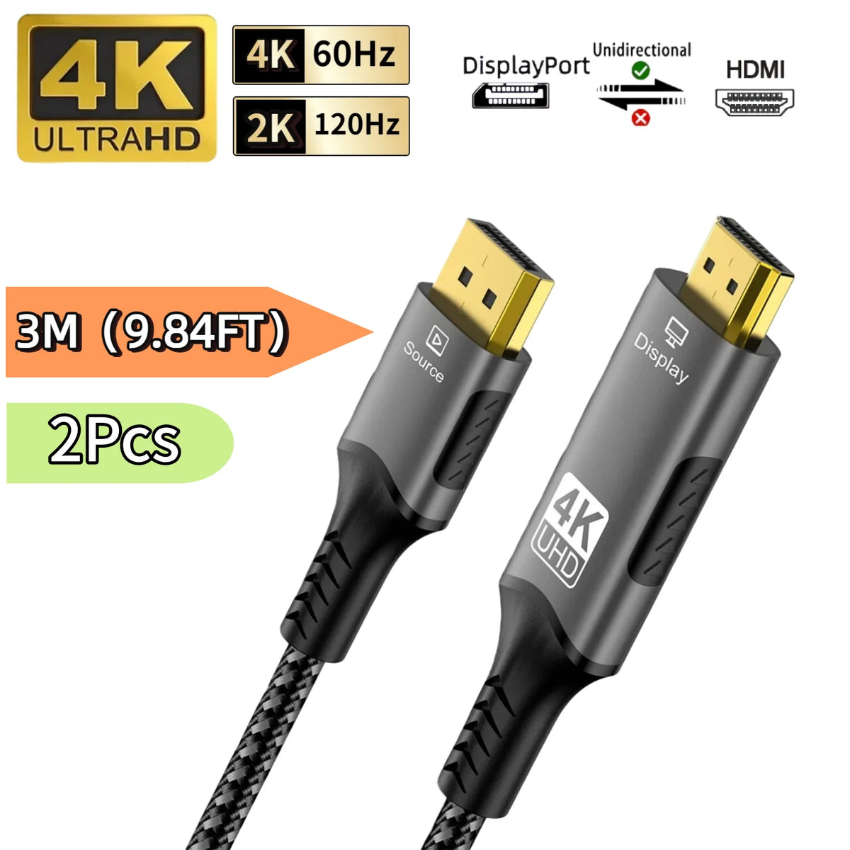 FDBRO DisplayPort to HDMI Cable - Uni-Directional, 4K@60Hz, HDR, VRR, Gold-Plated, Nylon Braided, 3.3/6.6/9.8ft, 1-5 Pack