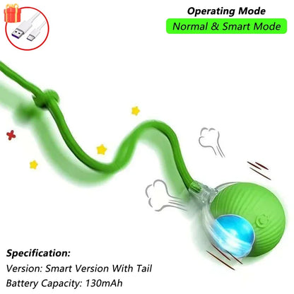Rechargeable Interactive Cat Ball Toy — Automatic Rolling Smart Toy with Tail, LED & Obstacle Avoidance