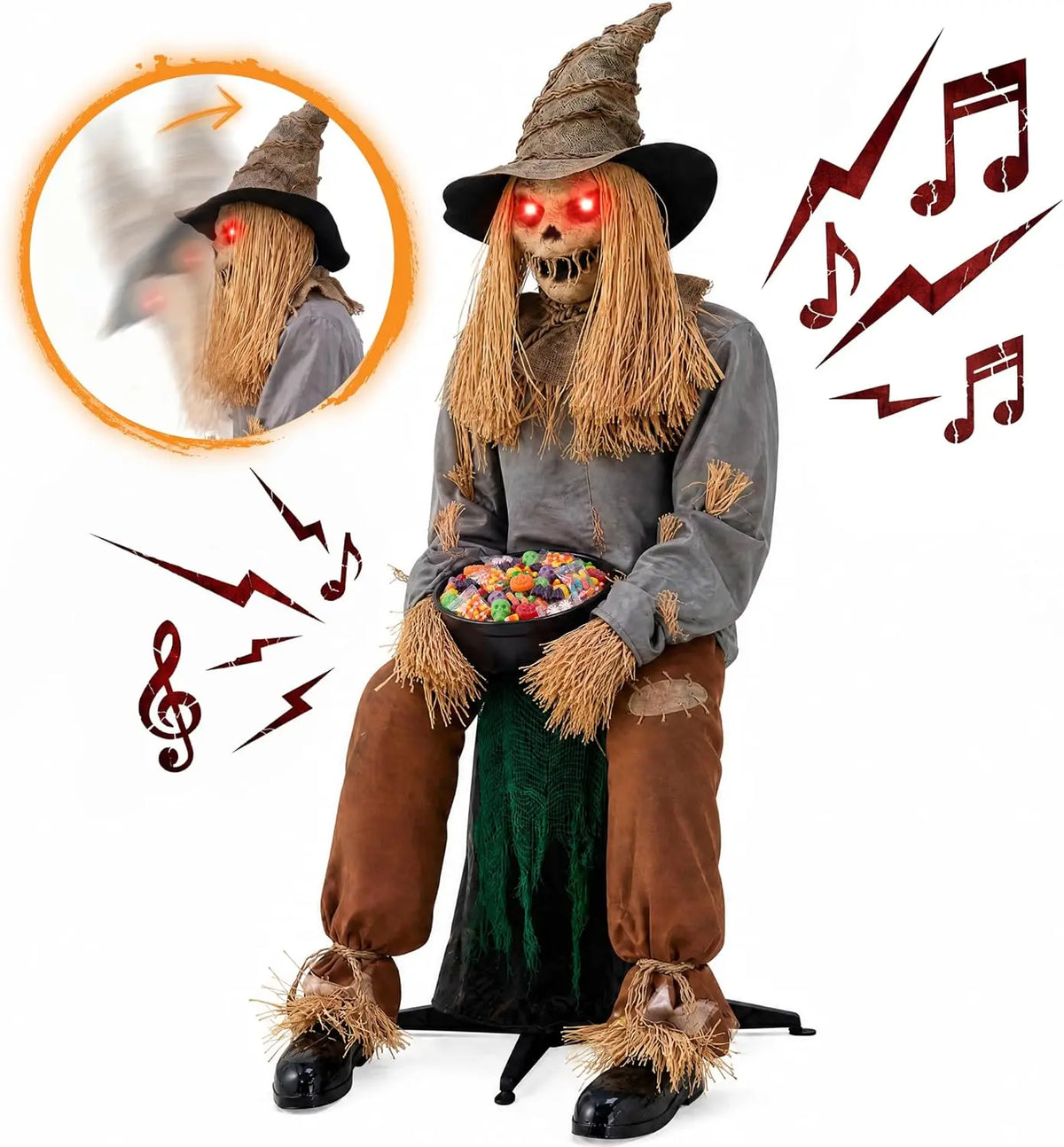 Joyfy 49-Inch Sound-Activated Animatronic Sitting Scarecrow with LED Eyes