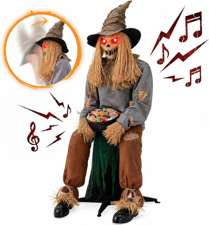 Joyfy 49-Inch Sound-Activated Animatronic Sitting Scarecrow with LED Eyes