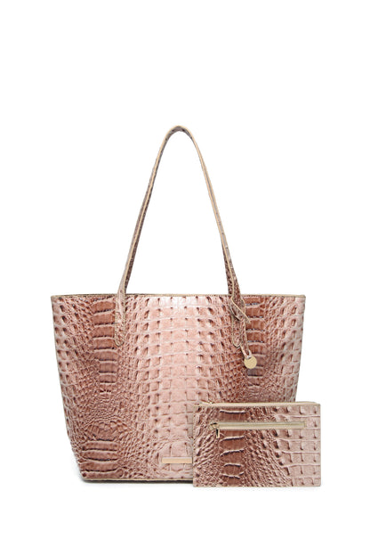 Crocodile-Embossed PU Leather Tote Bag Set – Spacious Bucket Shoulder Handbag with Detachable Zipper Pouch for Women, 14 Colors