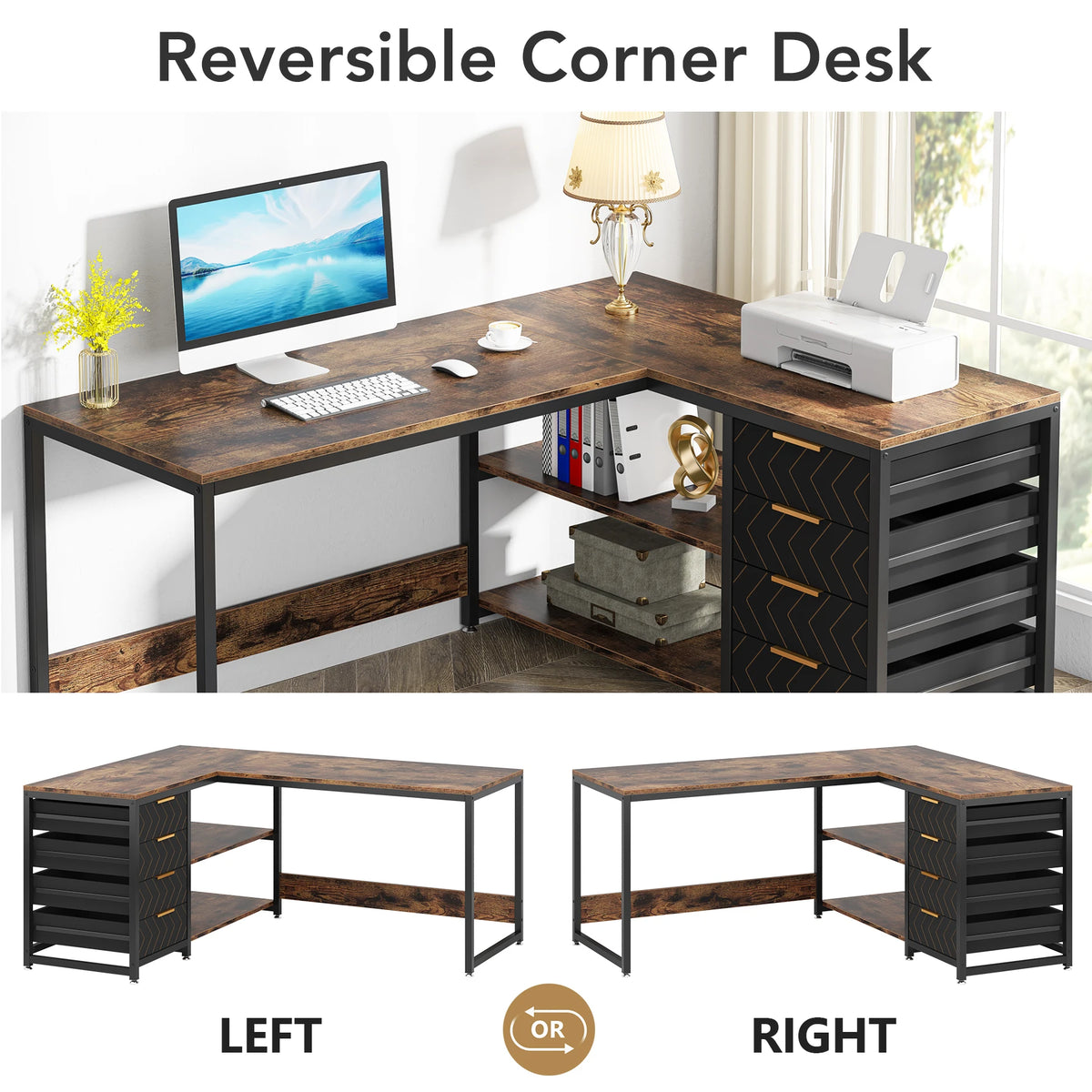Tribesigns 59" L-Shaped Corner Desk - 4 Drawers, 2-Tier Open Shelf, Reversible, E1 Particle Board, Metal Frame, Adjustable Feet, 1-Year Warranty - Dark Gray / Chocolate / White