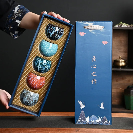 Five Elements Kiln-Change Ceramic Tea Cup Set with Gift Box, 5-Piece Porcelain Cups 150 ml (5.07 fl oz)