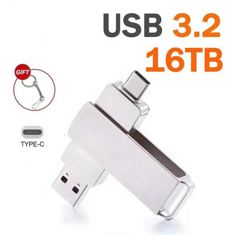 16TB USB 3.2 Flash Drive — 2-in-1 USB-C & USB-A OTG Pendrive, High-Speed Waterproof