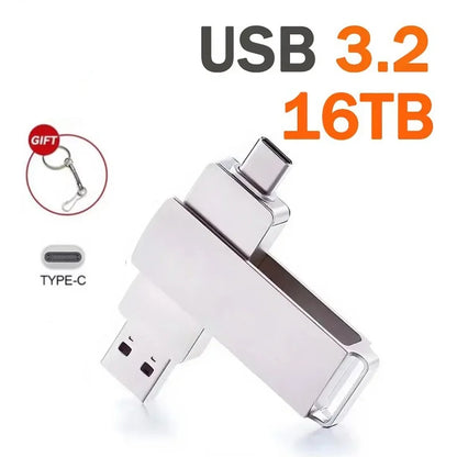 16TB USB 3.2 Flash Drive — 2-in-1 USB-C & USB-A OTG Pendrive, High-Speed Waterproof