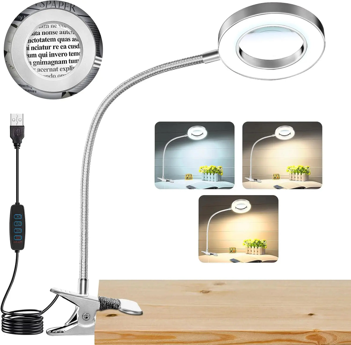 USB Clip-On Magnifying Desk Lamp, 5x Lens, Dimmable LED