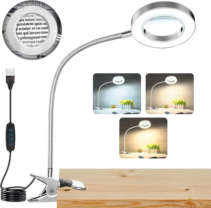 USB Clip-On Magnifying Desk Lamp, 5x Lens, Dimmable LED