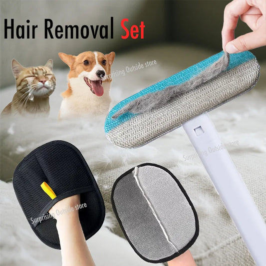 Pet Hair Removal Set – Reusable Double-Sided Grooming Gloves & Detachable Lint Brush for Dog & Cat Fur on Carpets, Sofas & Clothing