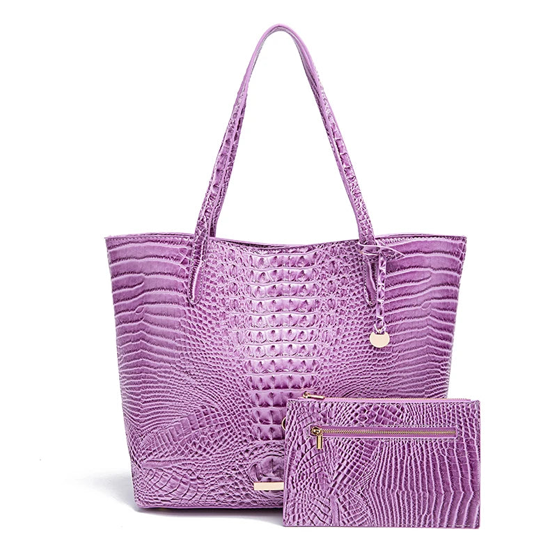 Crocodile-Embossed PU Leather Tote Bag Set – Spacious Bucket Shoulder Handbag with Detachable Zipper Pouch for Women, 14 Colors
