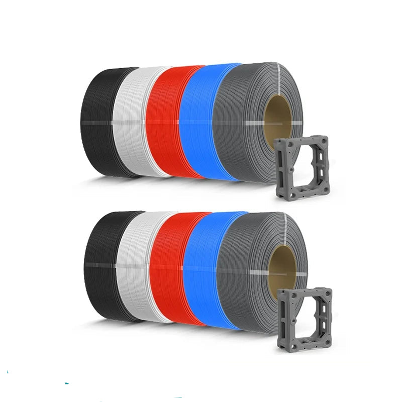 Two rolls of SUNLU PLA/PETG/PLA Plus filament in black, white, red, and blue, shown with gray spacers on a white background. Text overlays indicate '1KG*10' and 'Support Mix Color'.