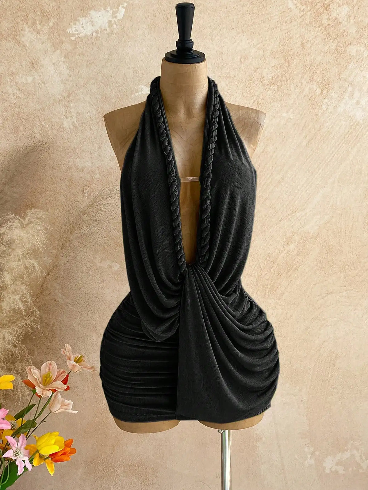 Women's Solid Backless Halter Mini Dress - High Stretch Slim Fit Sheath Dress with Elastic Waist for Beach, Vacation & Summer