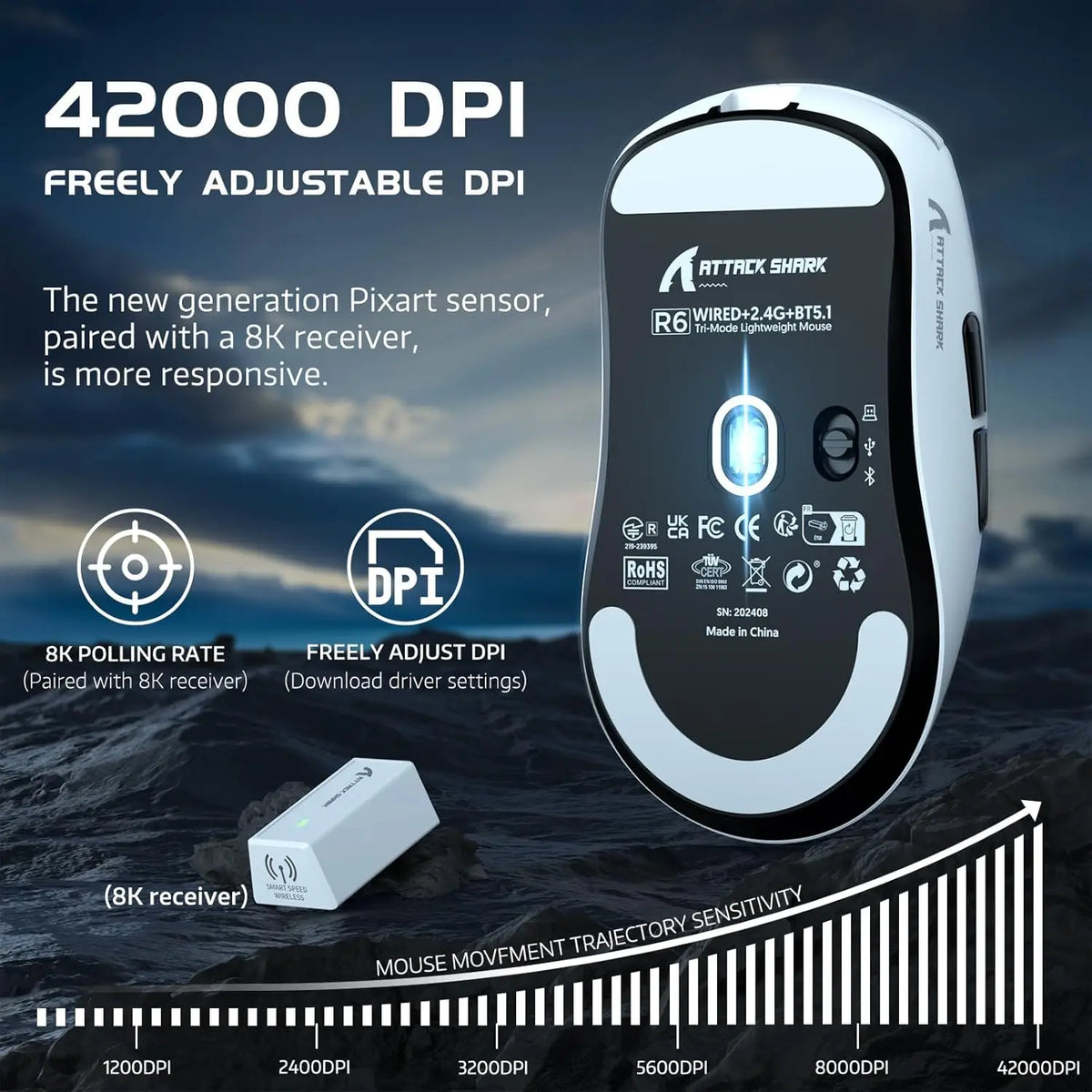 Attack Shark R6 Wireless Gaming Mouse - PAW 3950Max Sensor, 8KHz Polling, Nordic nRF52840, Lightweight, Ambidextrous, Rechargeable, Black/White