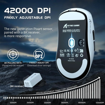 Attack Shark R6 Wireless Gaming Mouse - PAW 3950Max Sensor, 8KHz Polling, Nordic nRF52840, Lightweight, Ambidextrous, Rechargeable, Black/White