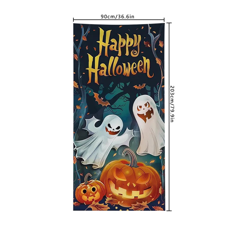 Printed Door Curtain Hanging Decoration – Halloween Ghost & Pumpkin, Christmas Reindeer – Polyester Party Entrance Ornament, 91×203cm, 4 Designs