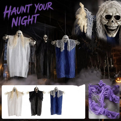 Halloween Hanging Ghost & Zombie Scary Face Pendant – Fabric Horror Cloak Ornament for Haunted House, Bar, Escape Room & Party Decor – Black, White or Blue