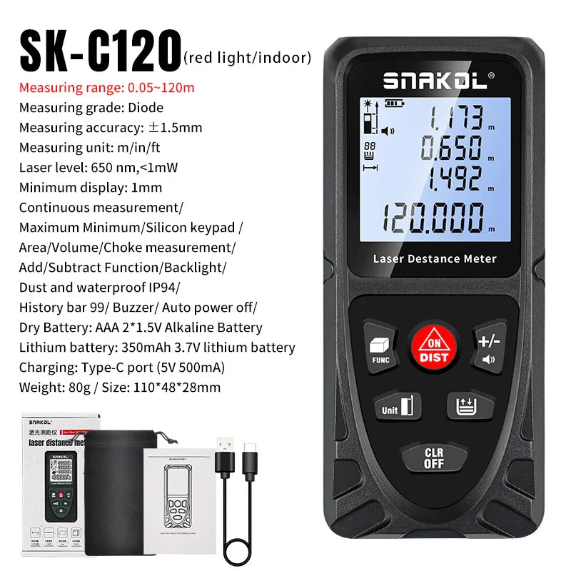 Digital Laser Distance Meter Rangefinder – Professional Laser Tape Measure 50m/70m/100m/120m (0.16–394 ft)
