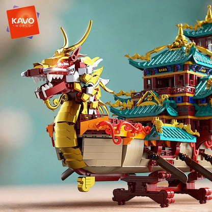 KAVOWORLD Chinese Dragon Boat Building Bricks Set – 2,453 Pieces, Traditional Architecture STEM Model