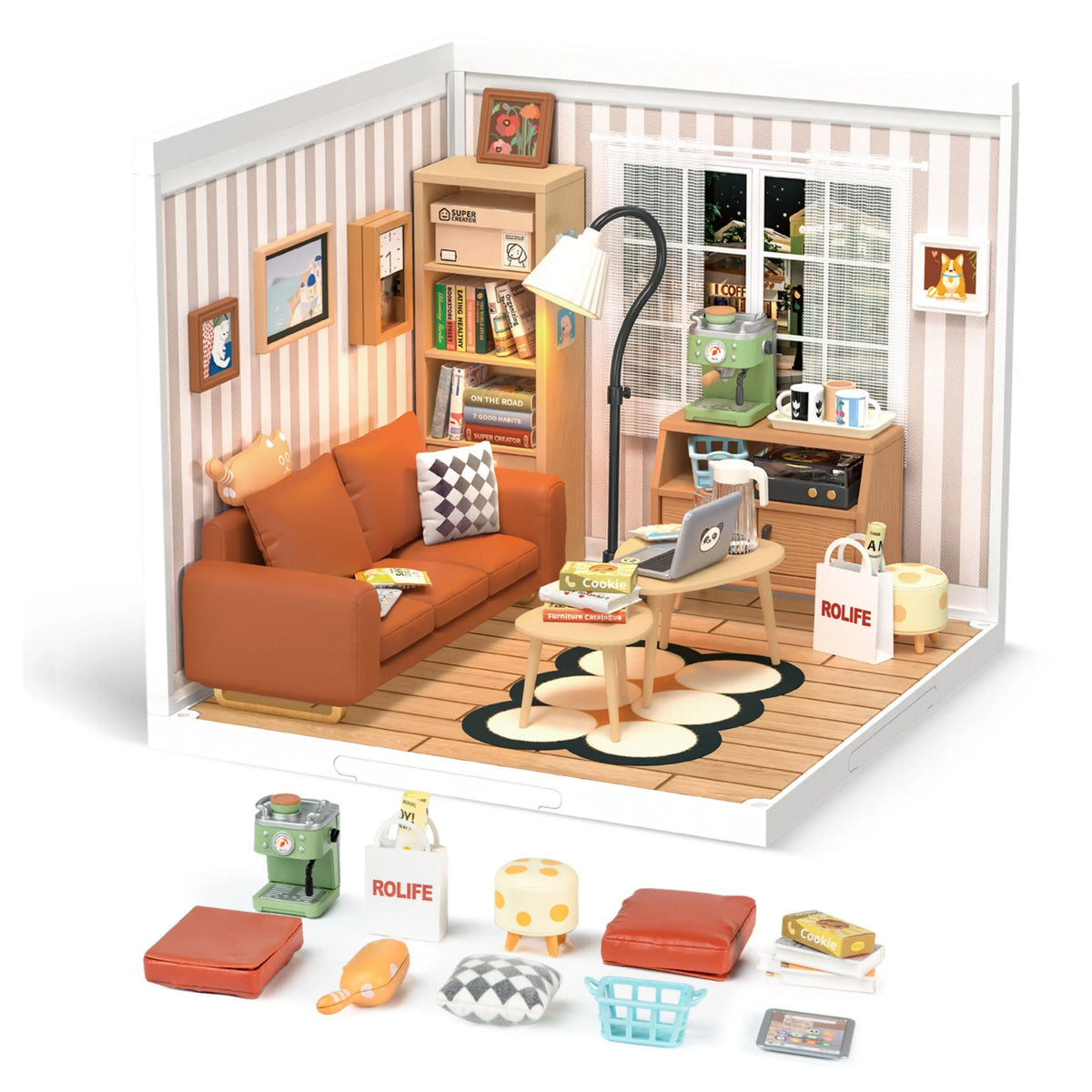 Rolife Cozy Living Lounge DIY Miniature House Kit - 114-Piece Super Creator Stackable Dollhouse with LED, for Adults & Teens 14+ (DW007)