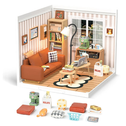 Rolife Cozy Living Lounge DIY Miniature House Kit - 114-Piece Super Creator Stackable Dollhouse with LED, for Adults & Teens 14+ (DW007)