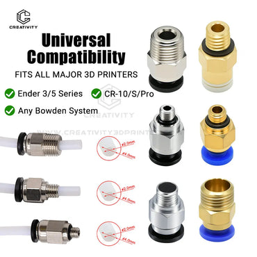 PTFE Tube Filament Feed Fittings for 3D Printers - 4mm Bore Pneumatic Couplers (M3, M5, M6 Thread Options)