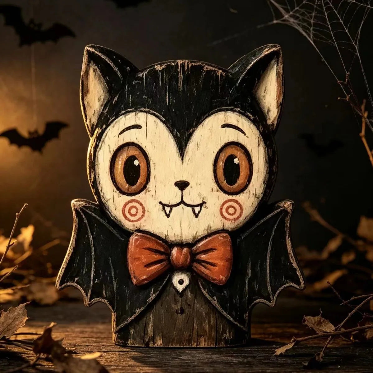 Halloween Hand-Painted Wooden Tabletop Figurines – Owl, Ghost, Pumpkin & Vampire Cat Characters for Shelf, Mantel & Party Decor – 4 Colors