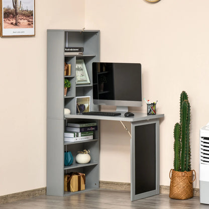 HOMCOM Fold-Out Wall-Mount Desk - 38.5"W Convertible Computer Desk, Open Shelves, Blackboard, 110 lbs Tabletop, Black/Dark Gray/White