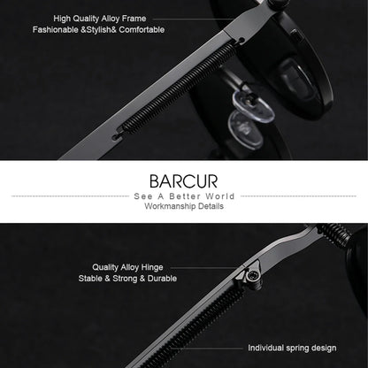 BARCUR Polarized Round Steampunk Sunglasses Retro UV400 Metal Frame for Men Women