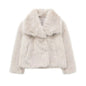 Cropped Faux Fur Jacket for Women – Long Sleeve Snap-Button Lapel Collar Thick Winter Coat