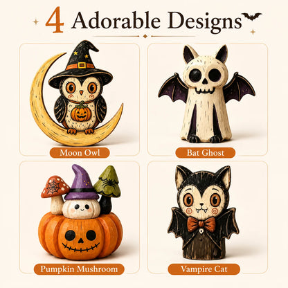 Halloween Hand-Painted Wooden Tabletop Figurines – Owl, Ghost, Pumpkin & Vampire Cat Characters for Shelf, Mantel & Party Decor – 4 Colors