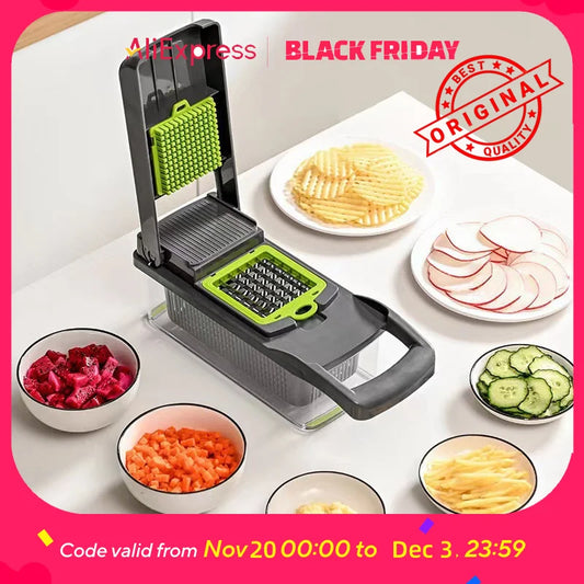 22-in-1 Multifunctional Kitchen Vegetable Chopper and Fruit Slicer with Container – Food Cutter, Shredder & Mincer