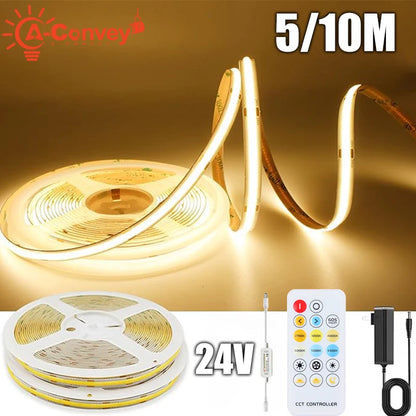 A-Convey 24V COB LED Strip Lights – Dimmable 2700K–6500K, Bluetooth App & RF Remote, 5M or 10M, Cuttable for Kitchen, Cabinet & Home Decor
