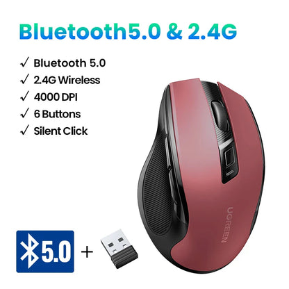 Wireless Bluetooth 5.0 Mouse — Ergonomic Silent 4000 DPI Dual Mode (2.4GHz) 6-Button for Laptop, MacBook, Tablet, PC