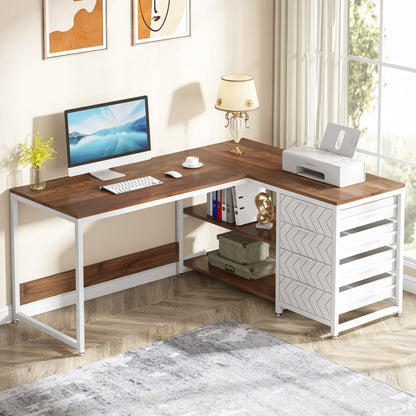 Tribesigns 59" L-Shaped Corner Desk - 4 Drawers, 2-Tier Open Shelf, Reversible, E1 Particle Board, Metal Frame, Adjustable Feet, 1-Year Warranty - Dark Gray / Chocolate / White