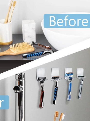 2-Pack 304 Stainless Steel Razor Holder Adhesive Wall-Mount Shaving Stand Bathroom Hook Organizer