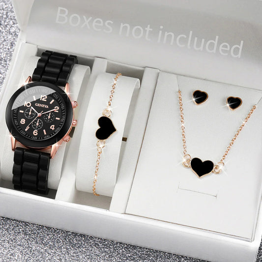 5/6-Piece Women's Quartz Watch Jewelry Gift Set – Silicone Band Watch with Bracelet, Necklace & Earrings