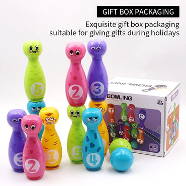 Kids Cartoon Bowling Set, 10 Pins & 2 Balls with Expressive Faces, Gift Box for Indoor & Outdoor Party Games