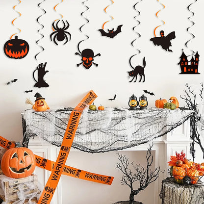Halloween Hanging Swirl Ceiling Decorations Set – Pumpkin, Spider, Bat, Skull, Ghost & Black Cat Cutout Streamers for Party Decor