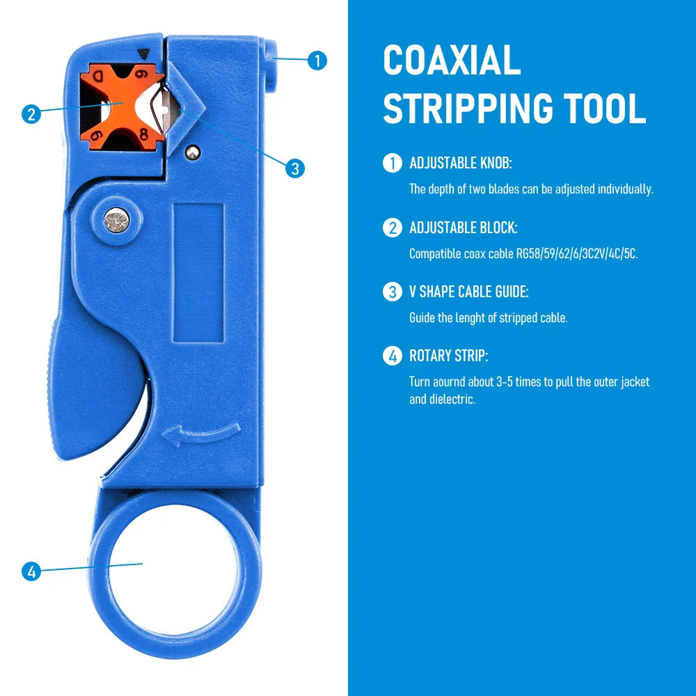 Coaxial Cable Wire Stripper Pliers – Adjustable V-Block for RG58 RG59 RG6, Carbon Steel, Includes Mini Hex Wrench