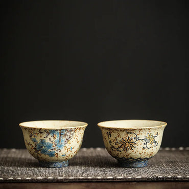 Handmade Floral Ceramic Tea Cup 45ml (1.5 fl oz) - Vintage Travel Teacup for Personal Tea & Meditation, 1-Pack