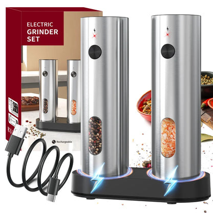 2-Pack USB Rechargeable Electric Salt & Pepper Grinder Set, Adjustable Coarseness, LED Light, Type-C Charging