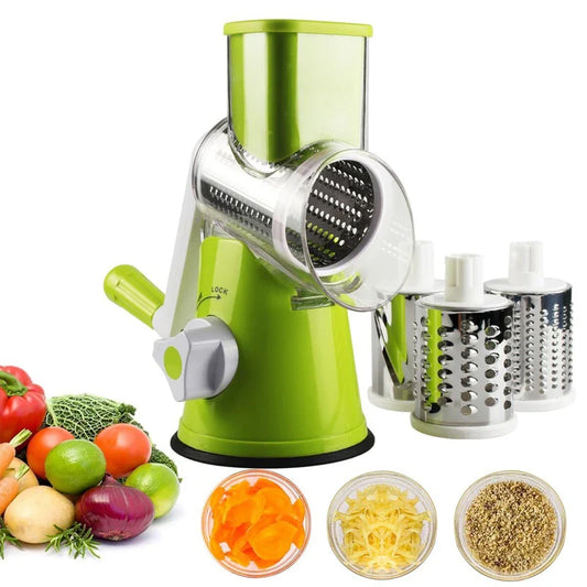 Manual Rotary Vegetable Slicer & Cheese Grater with 3 Stainless Steel Drums - Handheld Vegetable Chopper