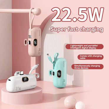 50000mAh Mini Capsule Power Bank 22.5W Fast Charging Portable External Battery with Built-in Cables & Digital Display Compatible with iPhone Huawei Samsung