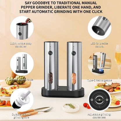 2-Pack USB Rechargeable Electric Salt & Pepper Grinder Set, Adjustable Coarseness, LED Light, Type-C Charging