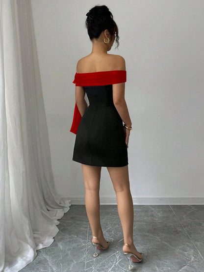 Women’s Black Lace Patchwork Midi Dress – Slash Neck, Slim Fit A-Line, Mid-Calf Length, All-Season Party & Evening Dress, Sizes S–XXL