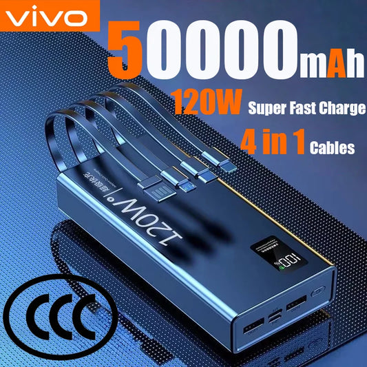 120W 50000mAh 4-in-1 Fast Charging Power Bank with Built-in Cables – Portable Charger for Smartphones & Tablets