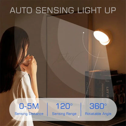 USB Rechargeable LED Motion Sensor Night Light – Magnetic 360° Rotating for Closet, Wardrobe, Cabinet, Bedside