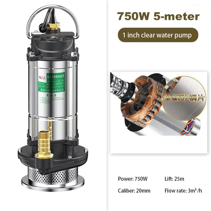 220V Submersible Pump Agricultural Pumping Garden Tools Drainage Irrigation Self-priming Sewage Pump Stainless Steel Pump