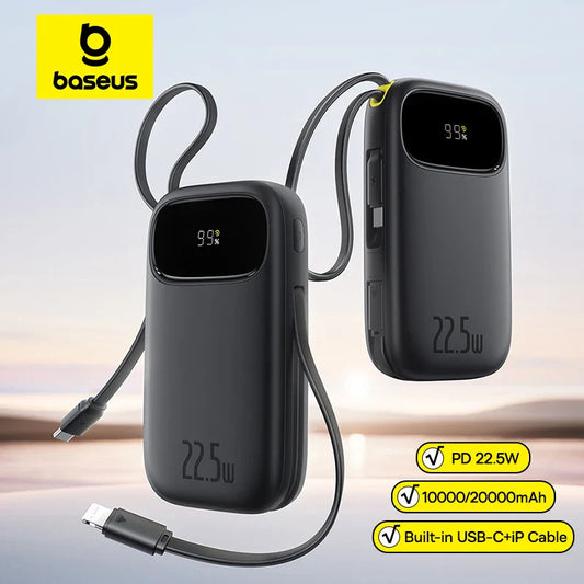 22.5W Fast Charging 10000mAh / 20000mAh Power Bank with Built-In Retractable USB-C & Lightning Cables – Portable Charger for iPhone, Samsung, Xiaomi