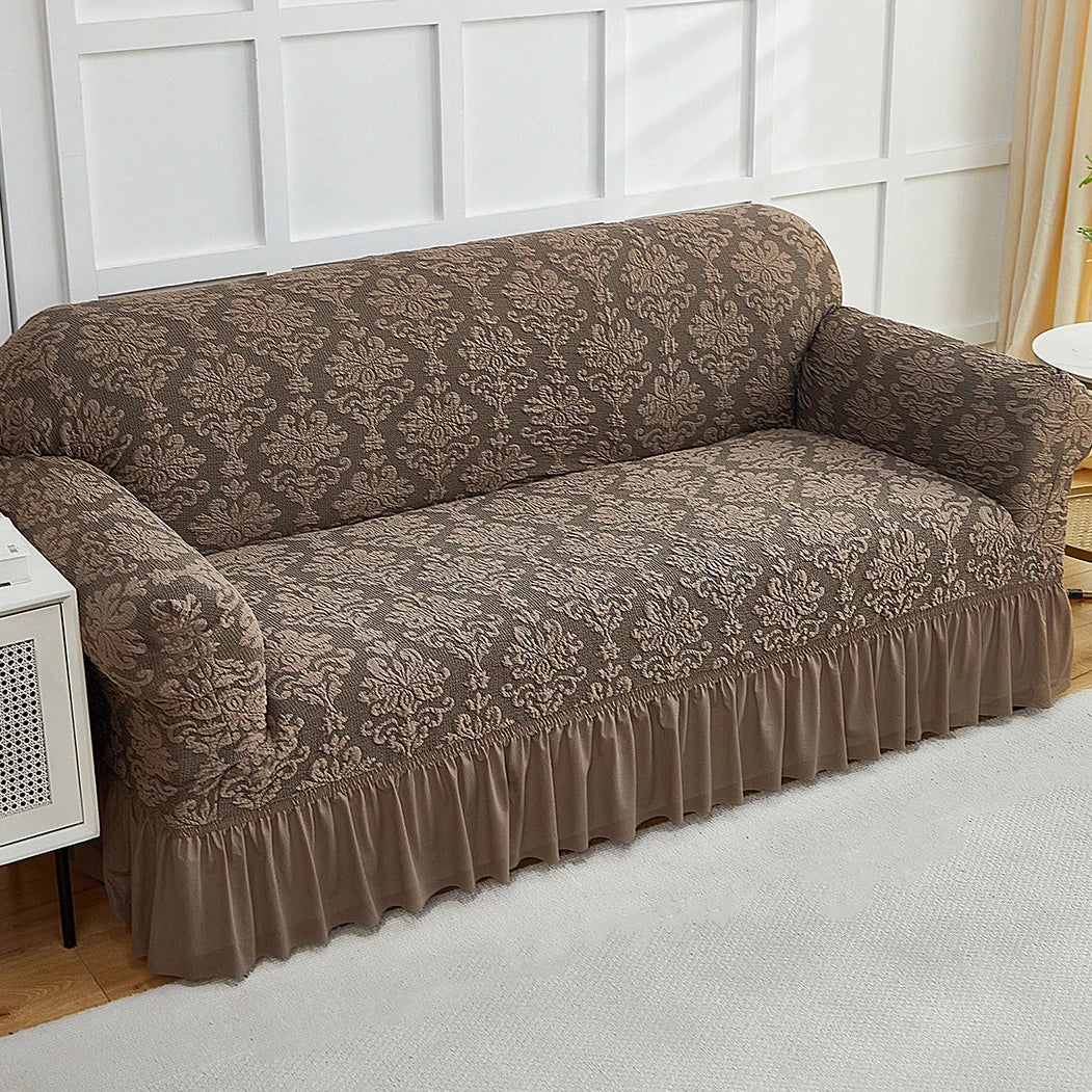 European Jacquard Sofa Slipcover with Skirt – Non-Slip, Embossed, Machine Washable (Single to 4-Seater)