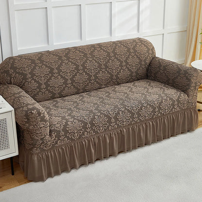 European Jacquard Sofa Slipcover with Skirt – Non-Slip, Embossed, Machine Washable (Single to 4-Seater)